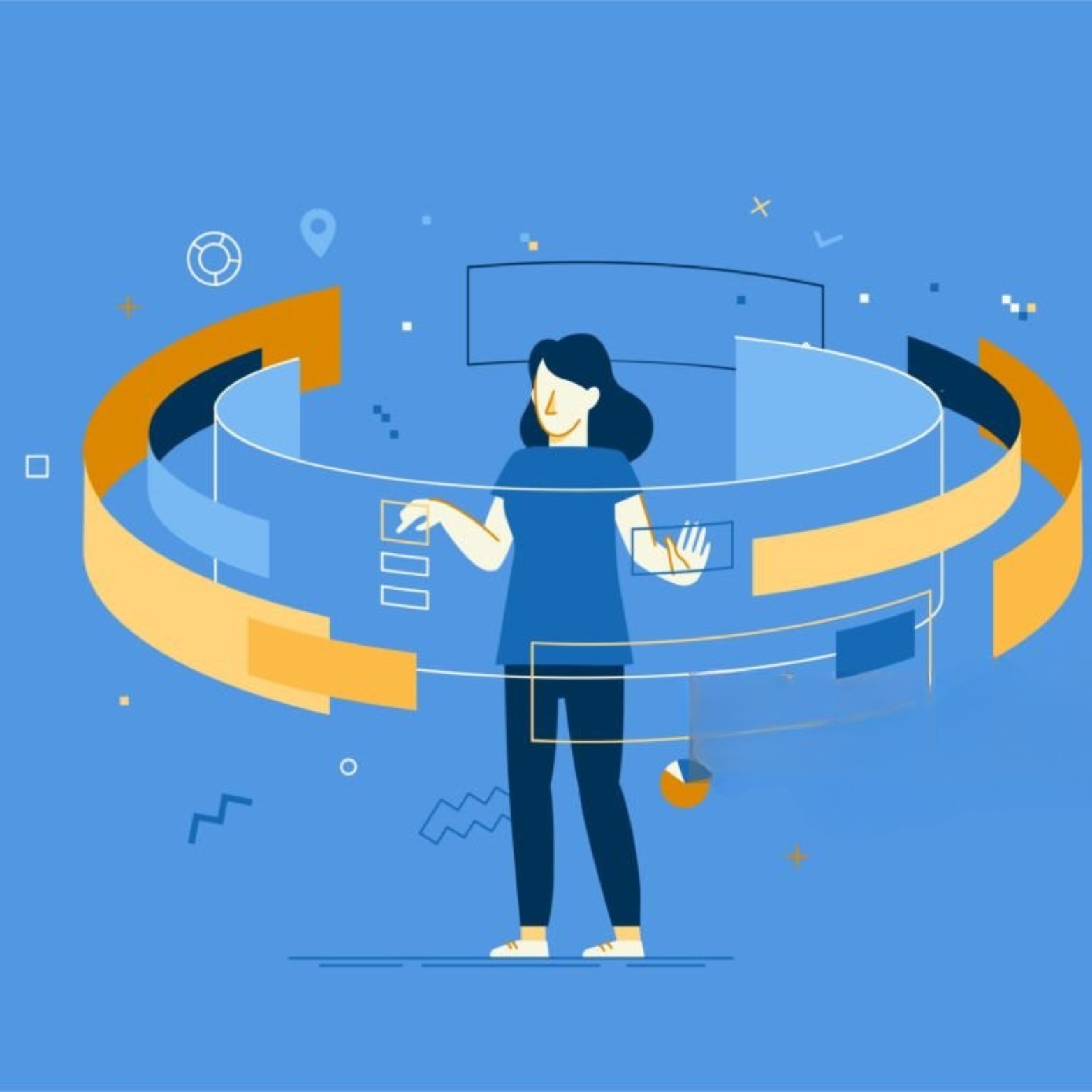 Illustrative graphic with a person and a circular interface